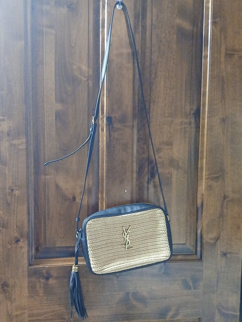 Saint Laurent Black and Straw Crossbody with Gold YSL Logo and Tassel